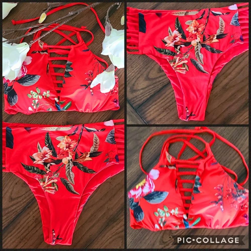 TiniBiki Red Floral High Waisted Reversible Bikini